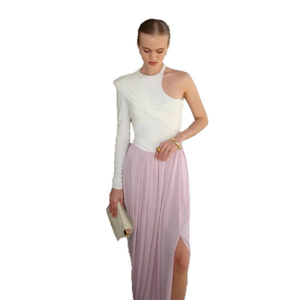 Women Asymmetric One-Shoulder Maxi Dress with Draped Top, Long Pleated Skirt and Leg Slit Chichicherry - Chichicherry