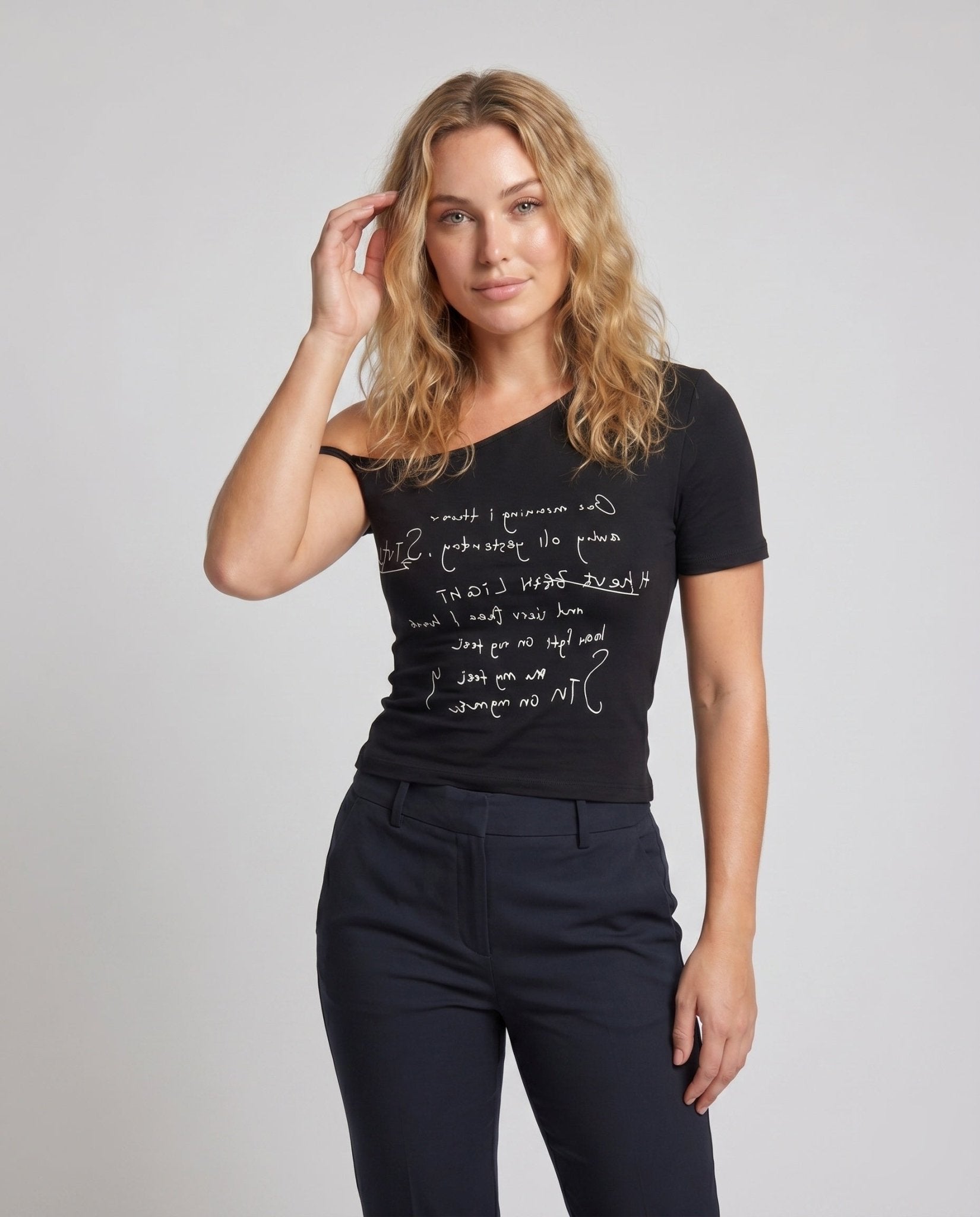 Women asymmetrical T-shirt with creative print - Chichicherry