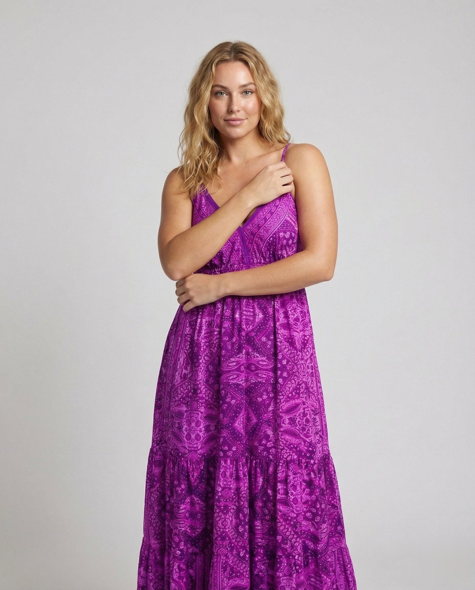 Women Boho Tiered Maxi Dress with Empire Waist - Chichicherry