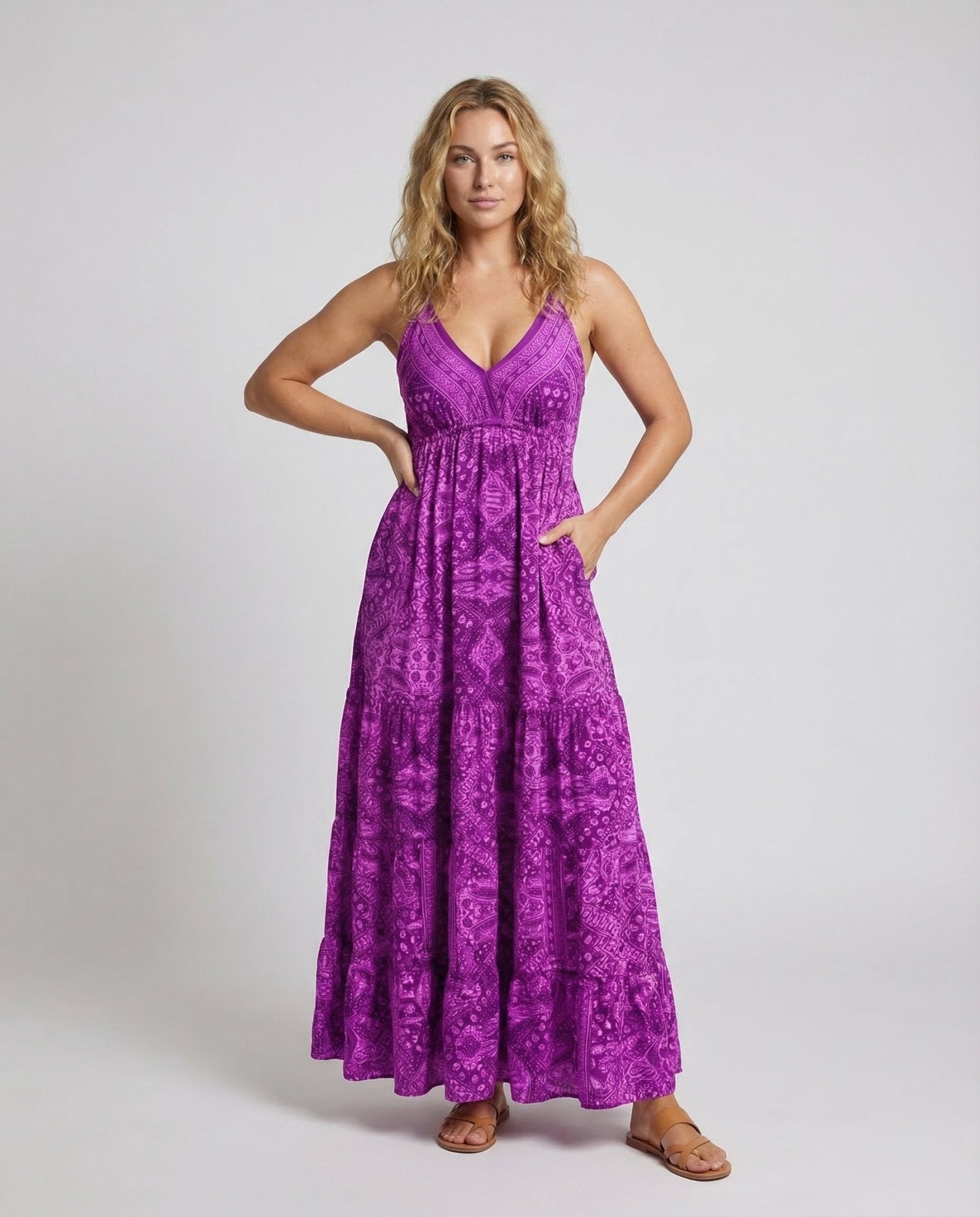 Women Boho Tiered Maxi Dress with Empire Waist - Chichicherry