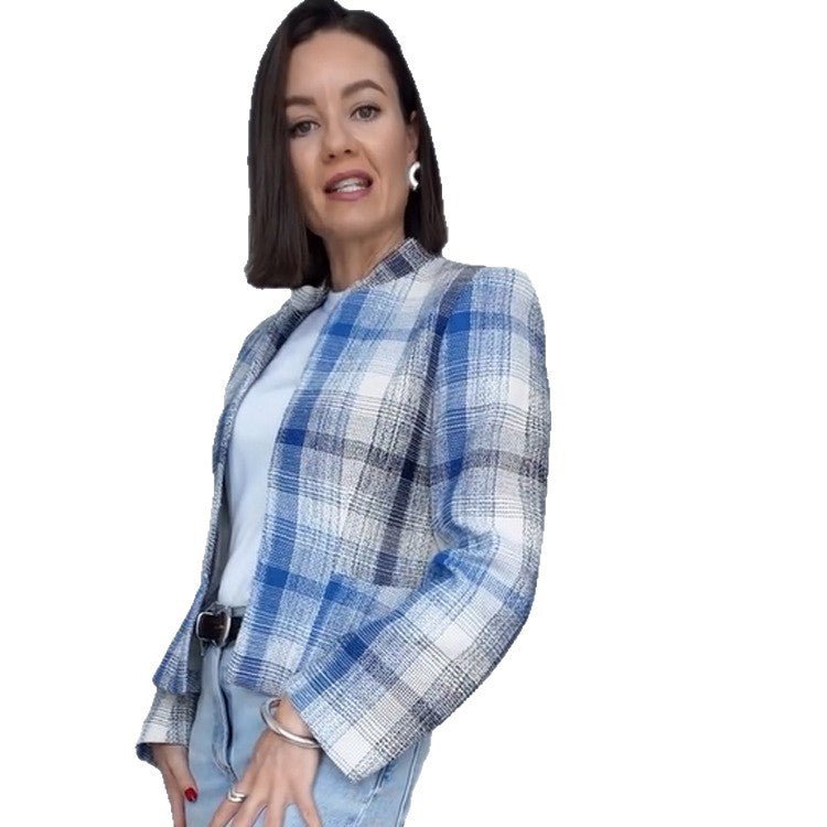 Women Boxy Checkered Short Blazer with Stand-Up Collar and Structured Shoulder Chichicherry - Chichicherry