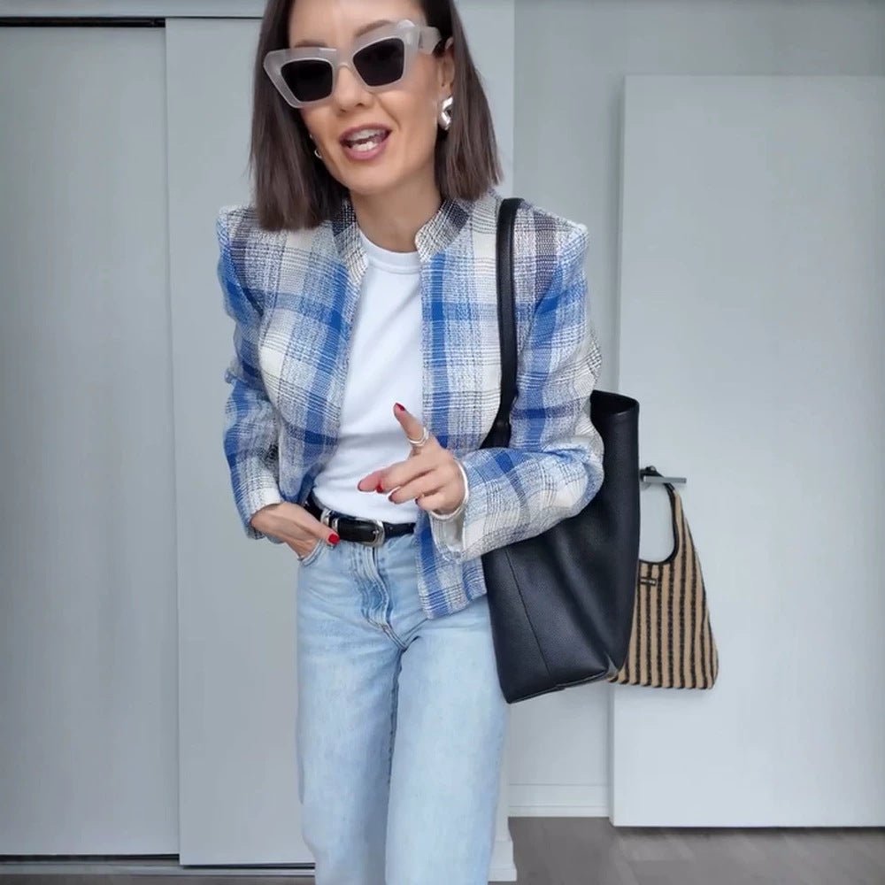 Women Boxy Checkered Short Blazer with Stand-Up Collar and Structured Shoulder Chichicherry - Chichicherry