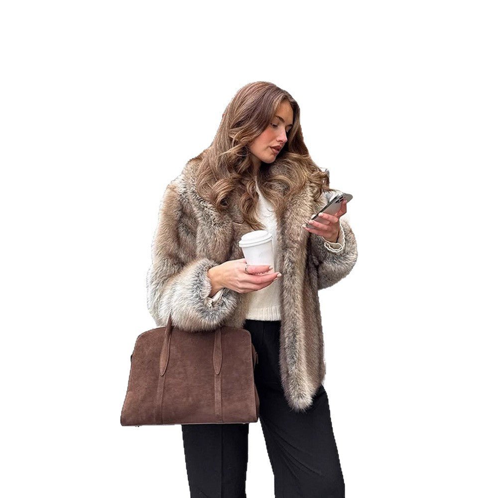 Women Boxy Faux Fur Coat with Luxurious Shawl Collar and Warm Padding Chichicherry - Chichicherry