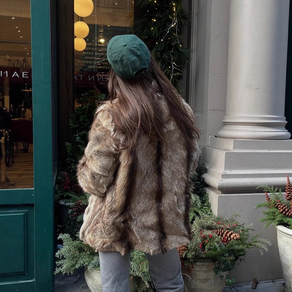 Women Boxy Faux Fur Coat with Luxurious Shawl Collar and Warm Padding Chichicherry - Chichicherry