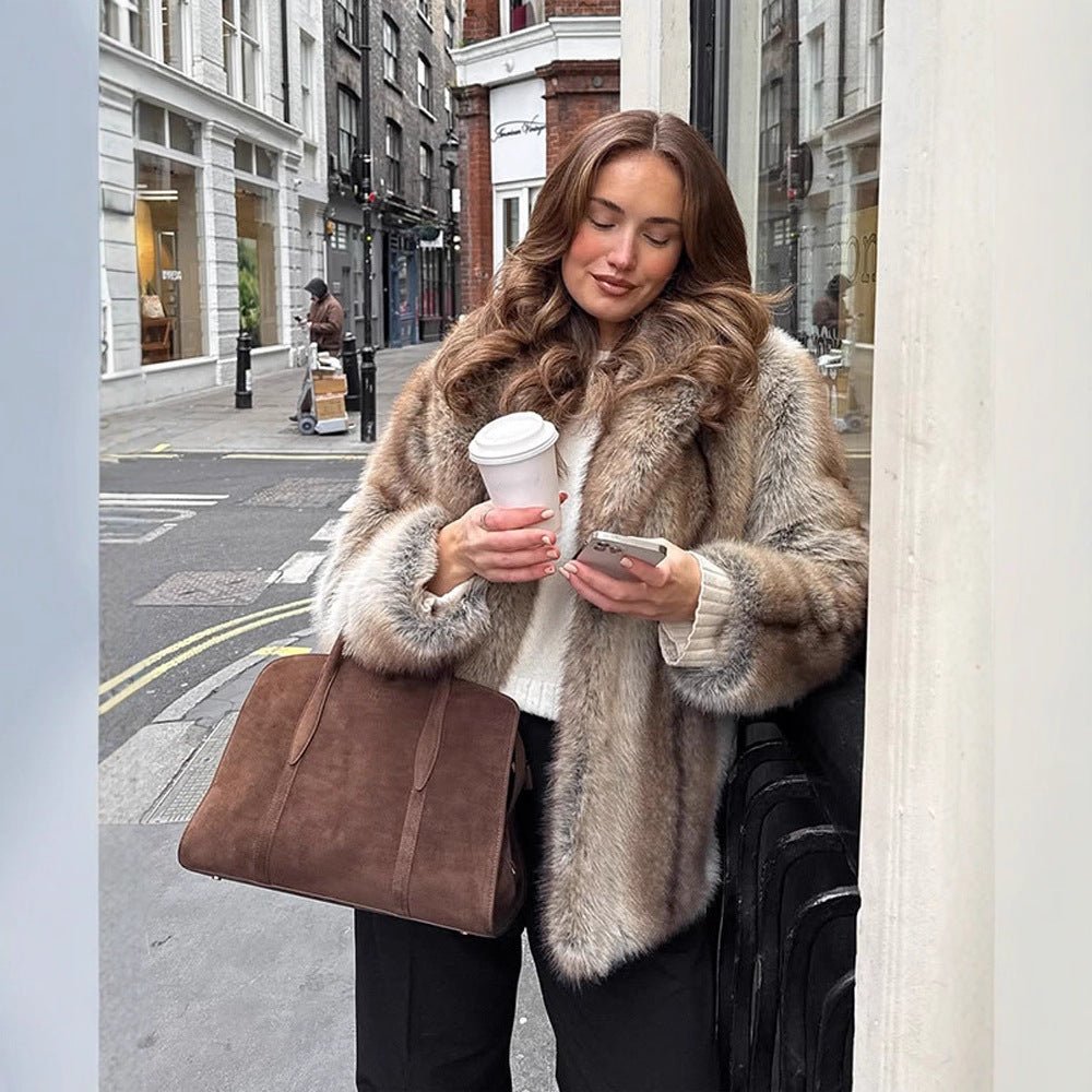 Women Boxy Faux Fur Coat with Luxurious Shawl Collar and Warm Padding Chichicherry - Chichicherry