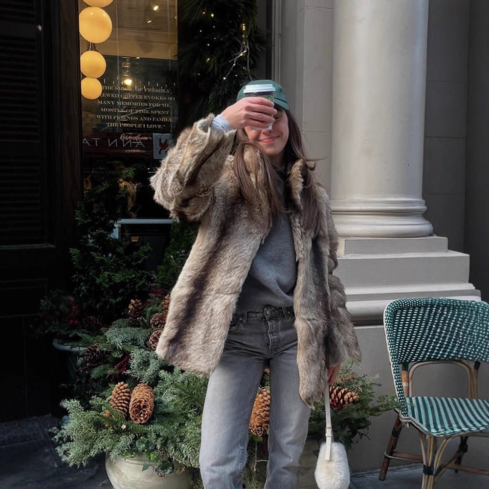 Women Boxy Faux Fur Coat with Luxurious Shawl Collar and Warm Padding Chichicherry - Chichicherry