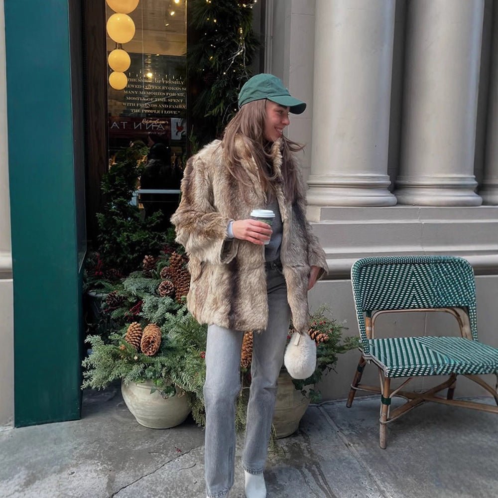 Women Boxy Faux Fur Coat with Luxurious Shawl Collar and Warm Padding Chichicherry - Chichicherry