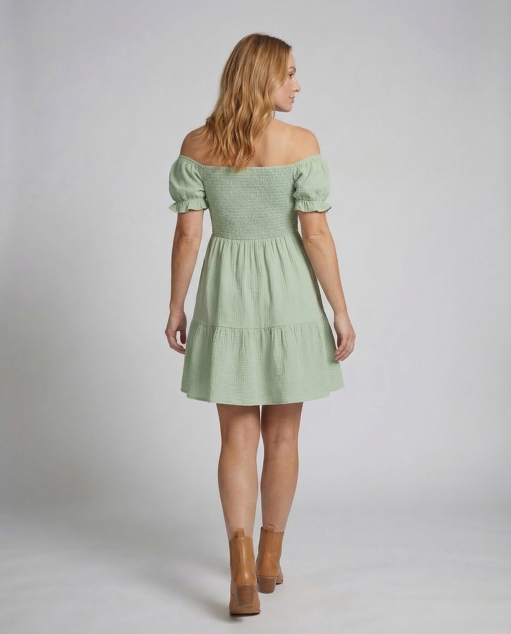 Women Carmen Tunic Dress Puff Sleeves Tiered Skirt - Chichicherry