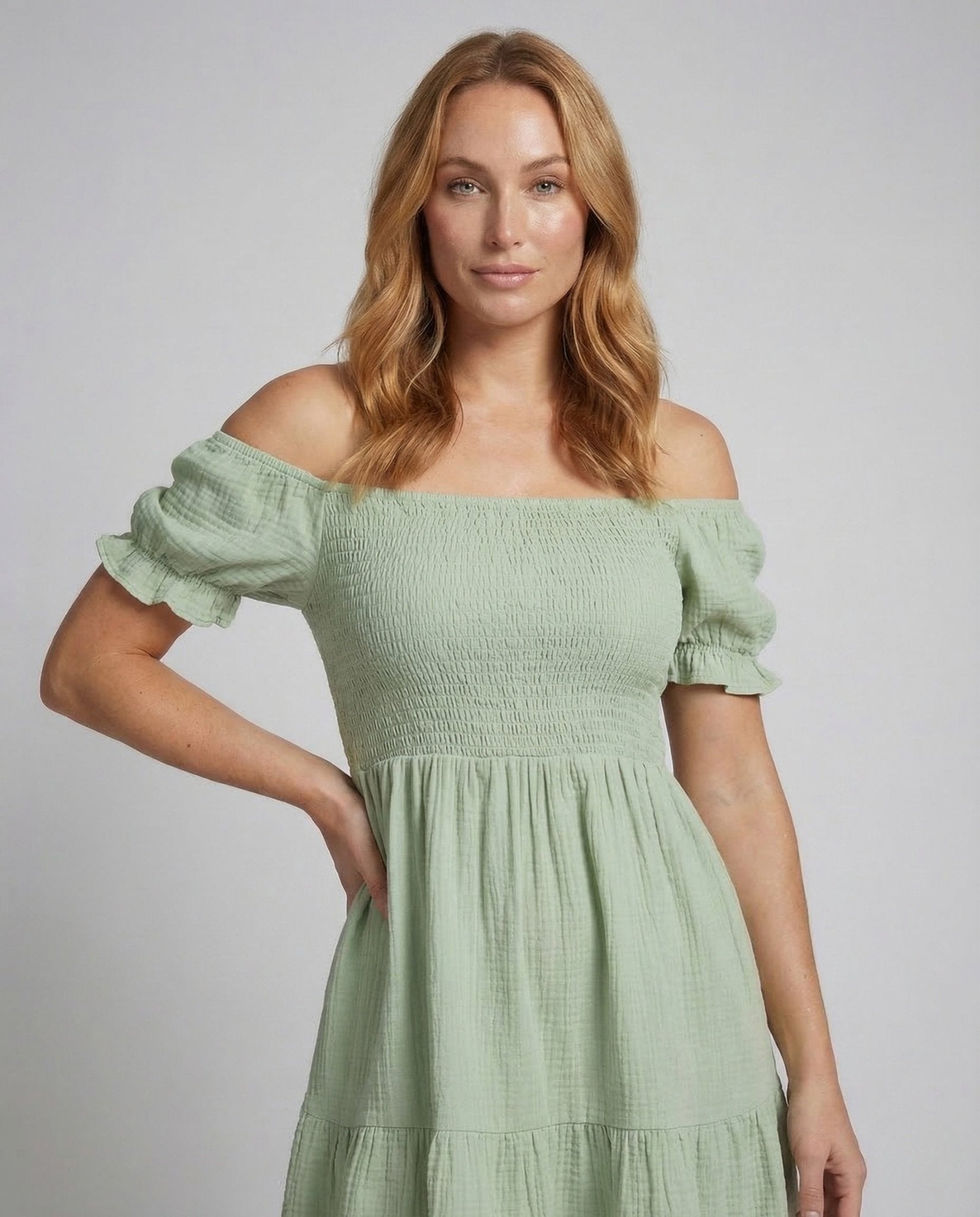 Women Carmen Tunic Dress Puff Sleeves Tiered Skirt - Chichicherry