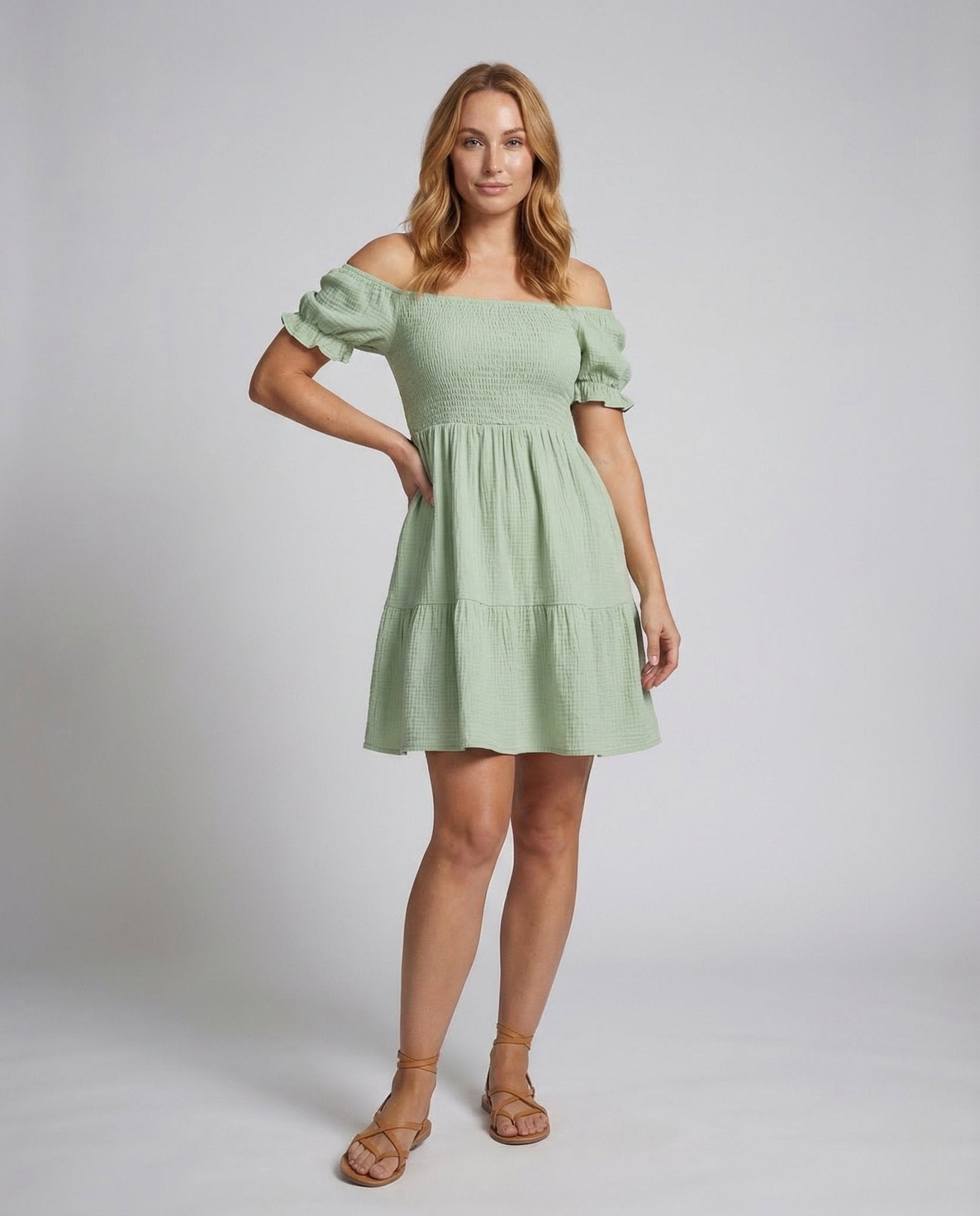 Women Carmen Tunic Dress Puff Sleeves Tiered Skirt - Chichicherry