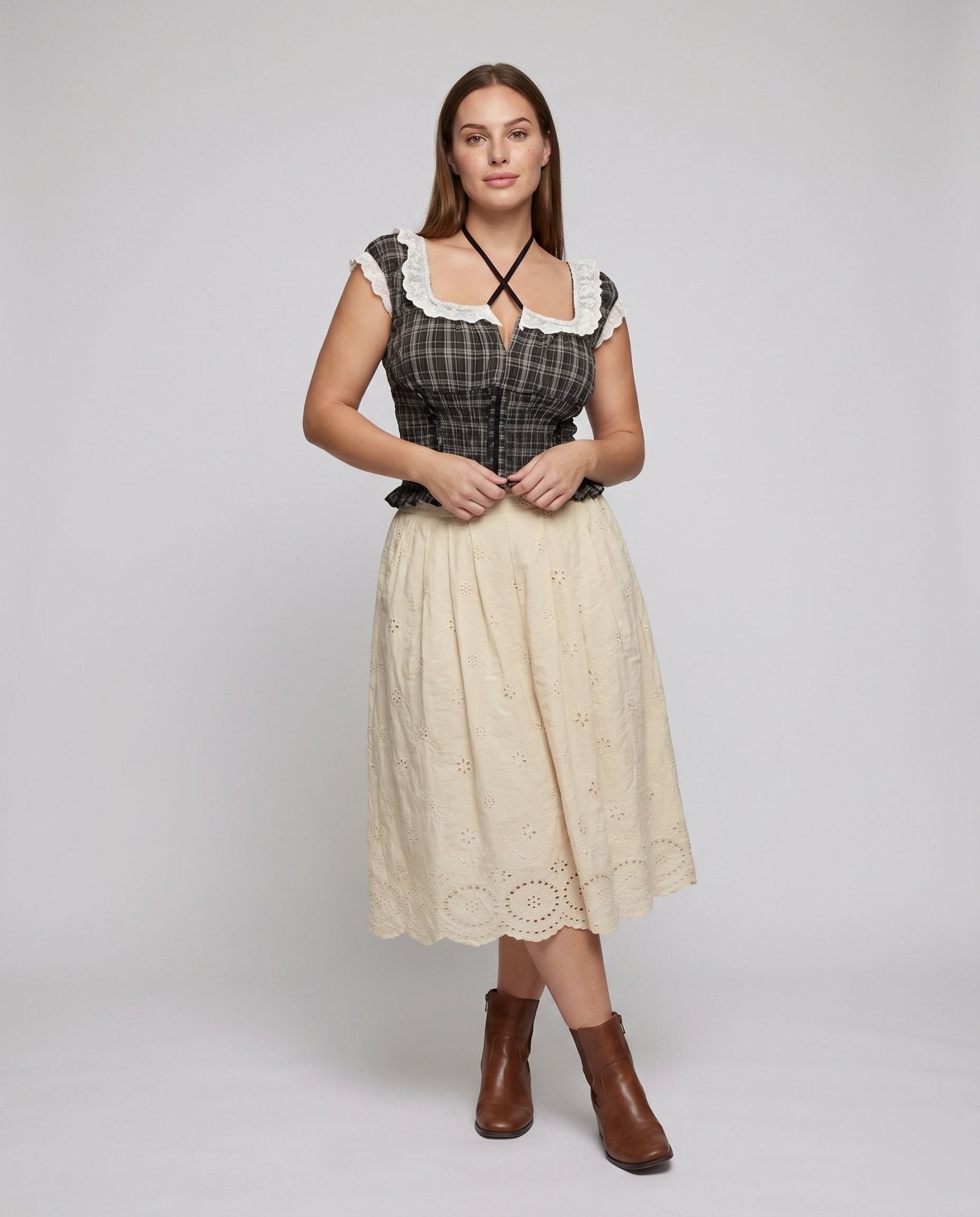 Women checked blouse with ruffle details and sophisticated lacing design - Chichicherry