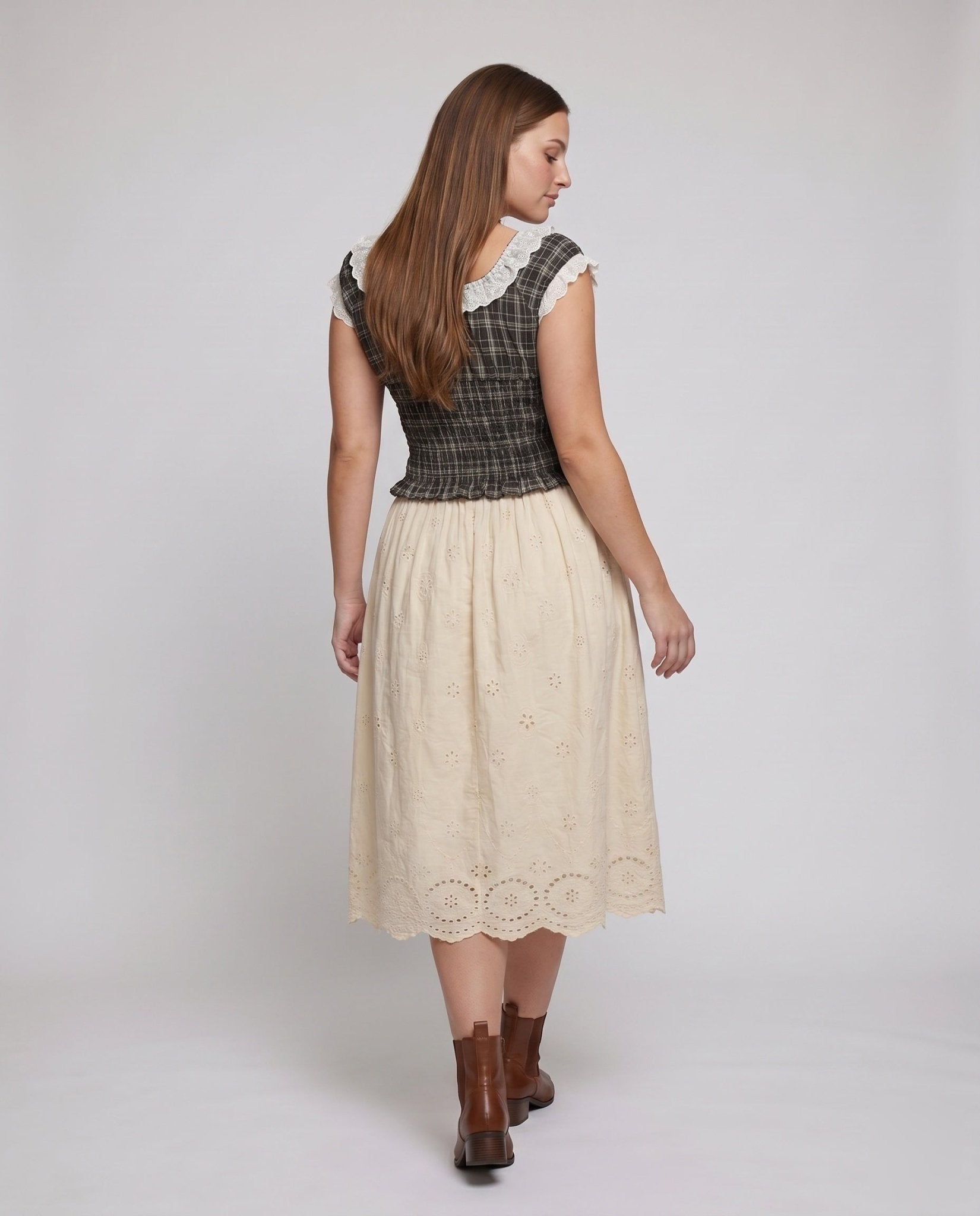 Women checked blouse with ruffle details and sophisticated lacing design - Chichicherry