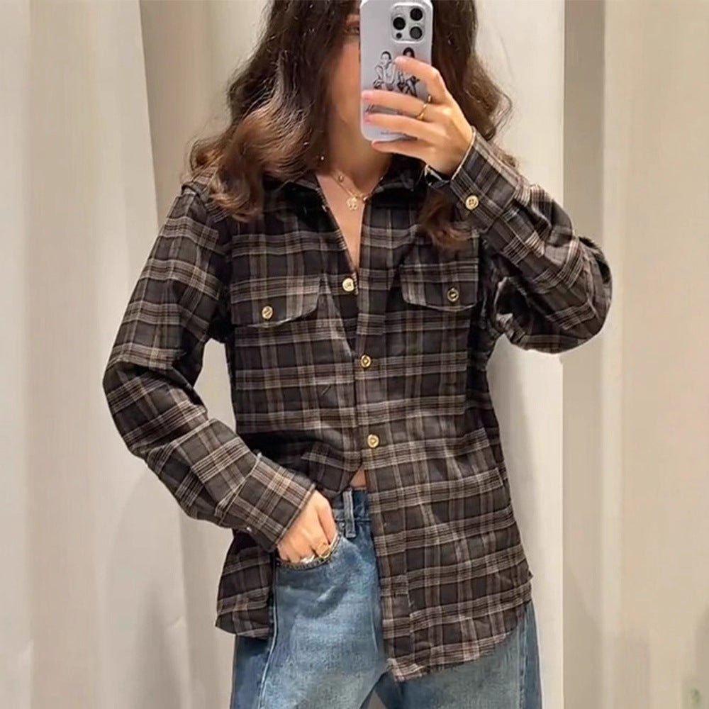 Women Checked Overshirt with Chest Pockets and Gold Snap Buttons Chichicherry - Chichicherry