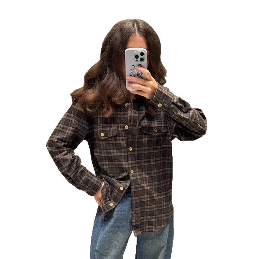 Women Checked Overshirt with Chest Pockets and Gold Snap Buttons Chichicherry - Chichicherry