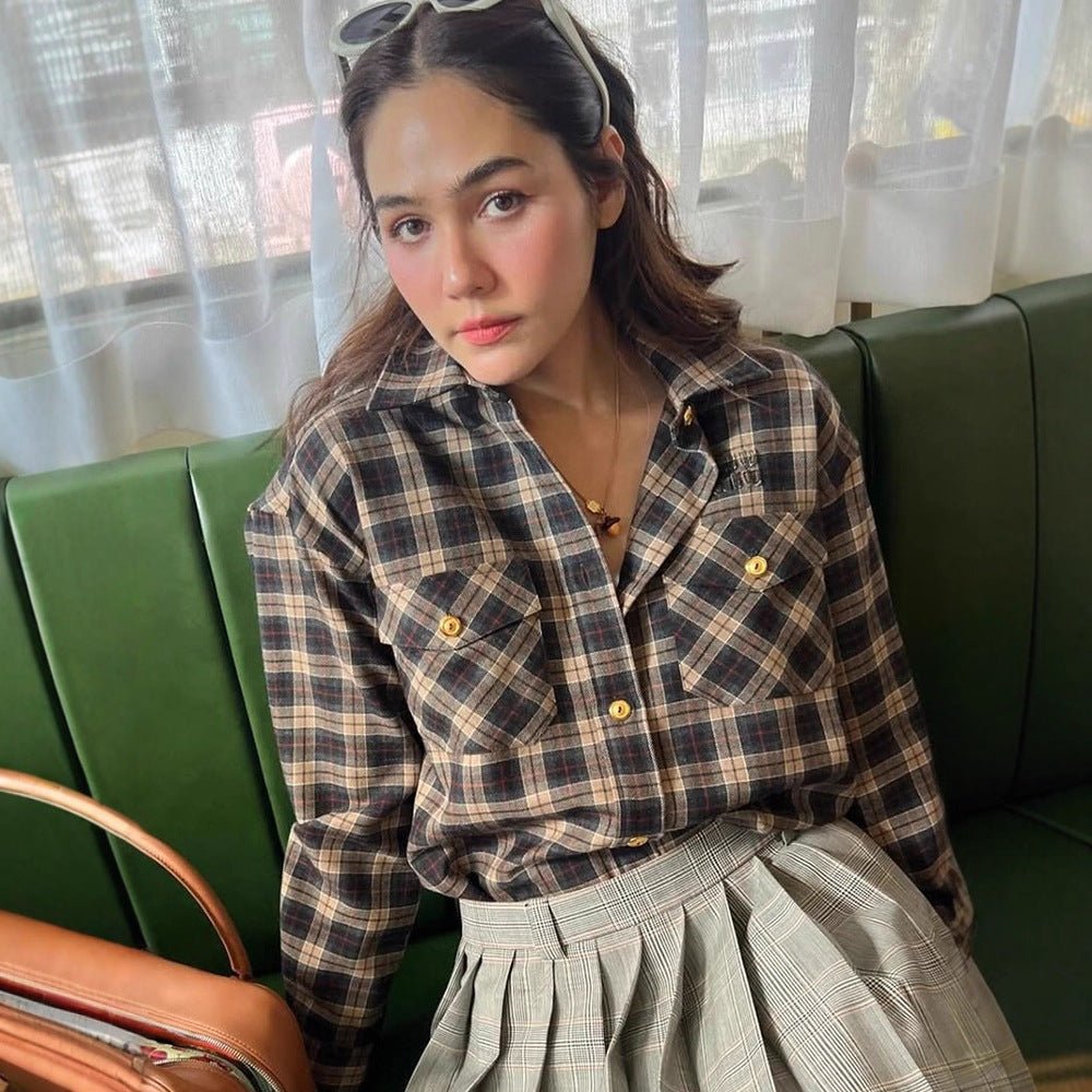 Women Checked Overshirt with Chest Pockets and Gold Snap Buttons Chichicherry - Chichicherry