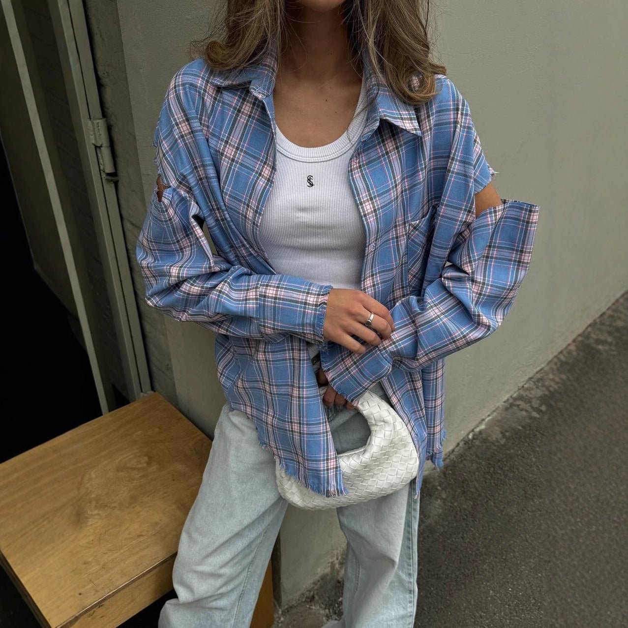 Women checked oversized shirt jacket with cut-out sleeves and raw hem Chichicherry - Chichicherry