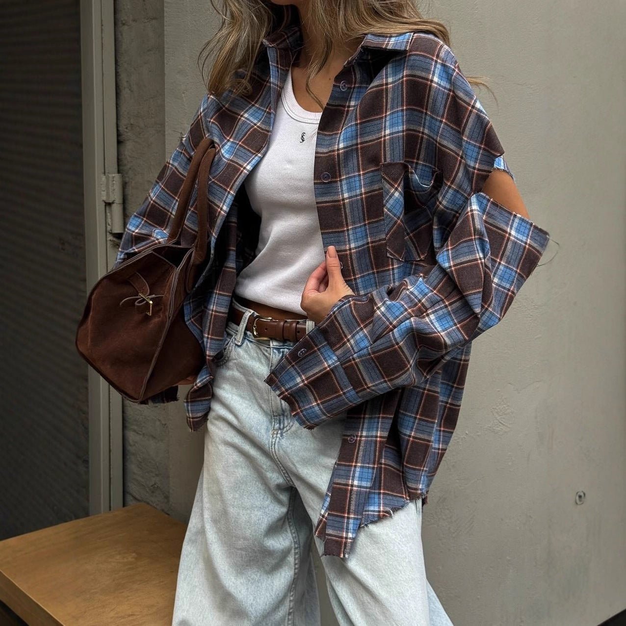 Women checked oversized shirt jacket with cut-out sleeves and raw hem Chichicherry - Chichicherry