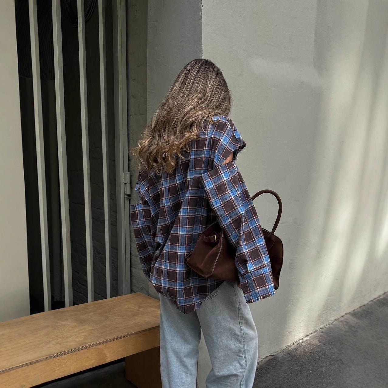Women checked oversized shirt jacket with cut-out sleeves and raw hem Chichicherry - Chichicherry
