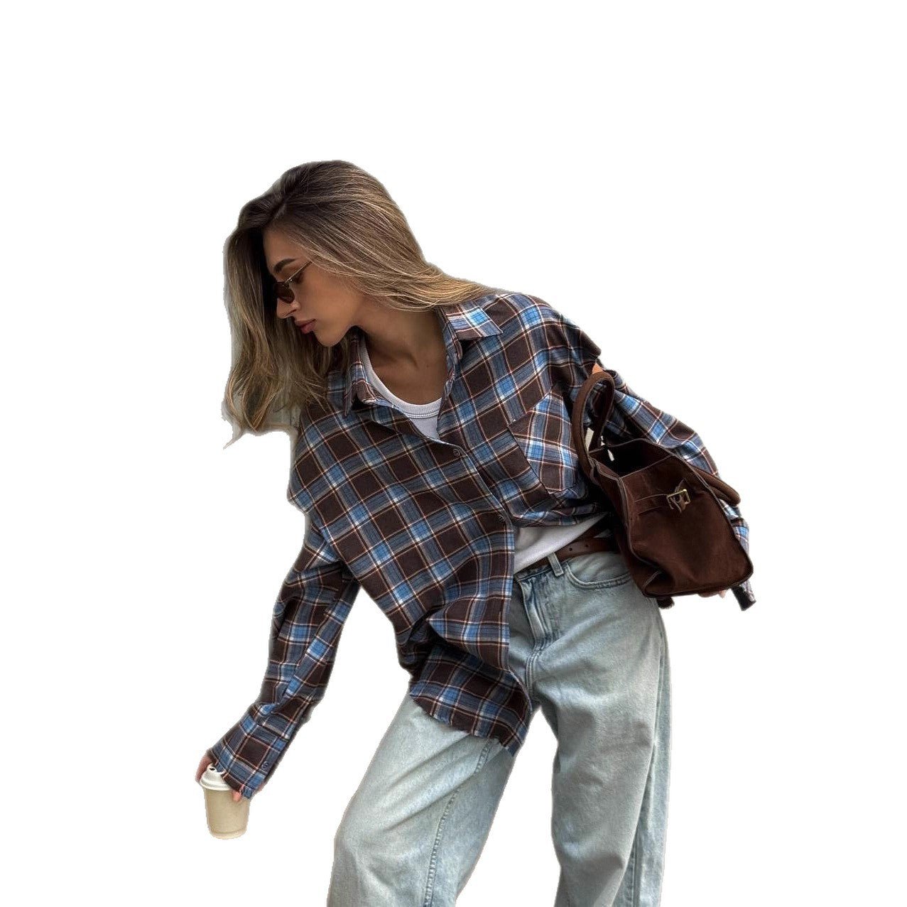 Women checked oversized shirt jacket with cut-out sleeves and raw hem Chichicherry - Chichicherry