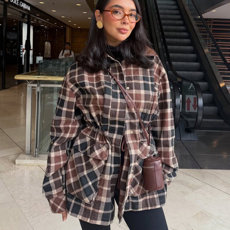 Women Checked Shacket with Waist Drawstring, Flap Pockets & Leather-Look Collar Chichicherry - Chichicherry