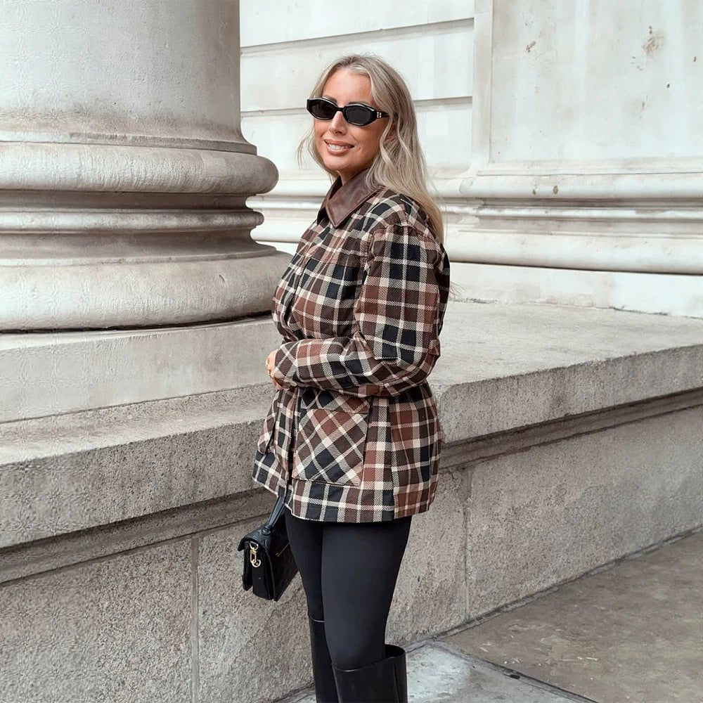 Women Checked Shacket with Waist Drawstring, Flap Pockets & Leather-Look Collar Chichicherry - Chichicherry