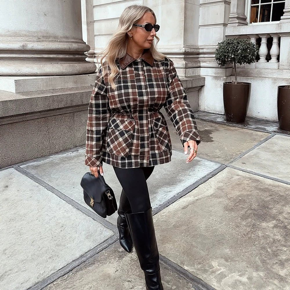 Women Checked Shacket with Waist Drawstring, Flap Pockets & Leather-Look Collar Chichicherry - Chichicherry