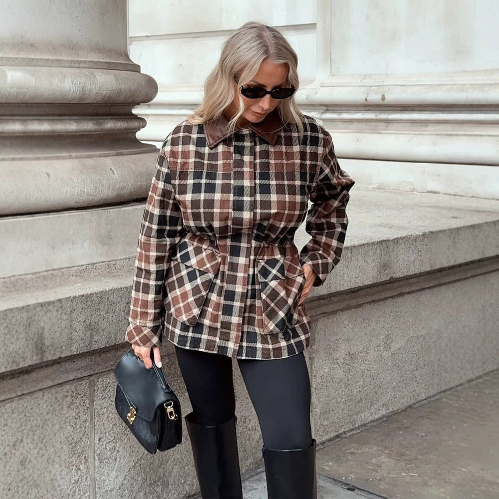 Women Checked Shacket with Waist Drawstring, Flap Pockets & Leather-Look Collar Chichicherry - Chichicherry