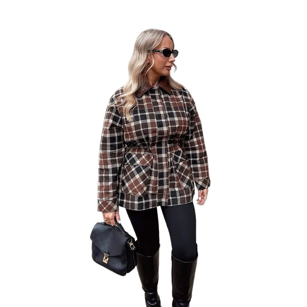 Women Checked Shacket with Waist Drawstring, Flap Pockets & Leather-Look Collar Chichicherry - Chichicherry