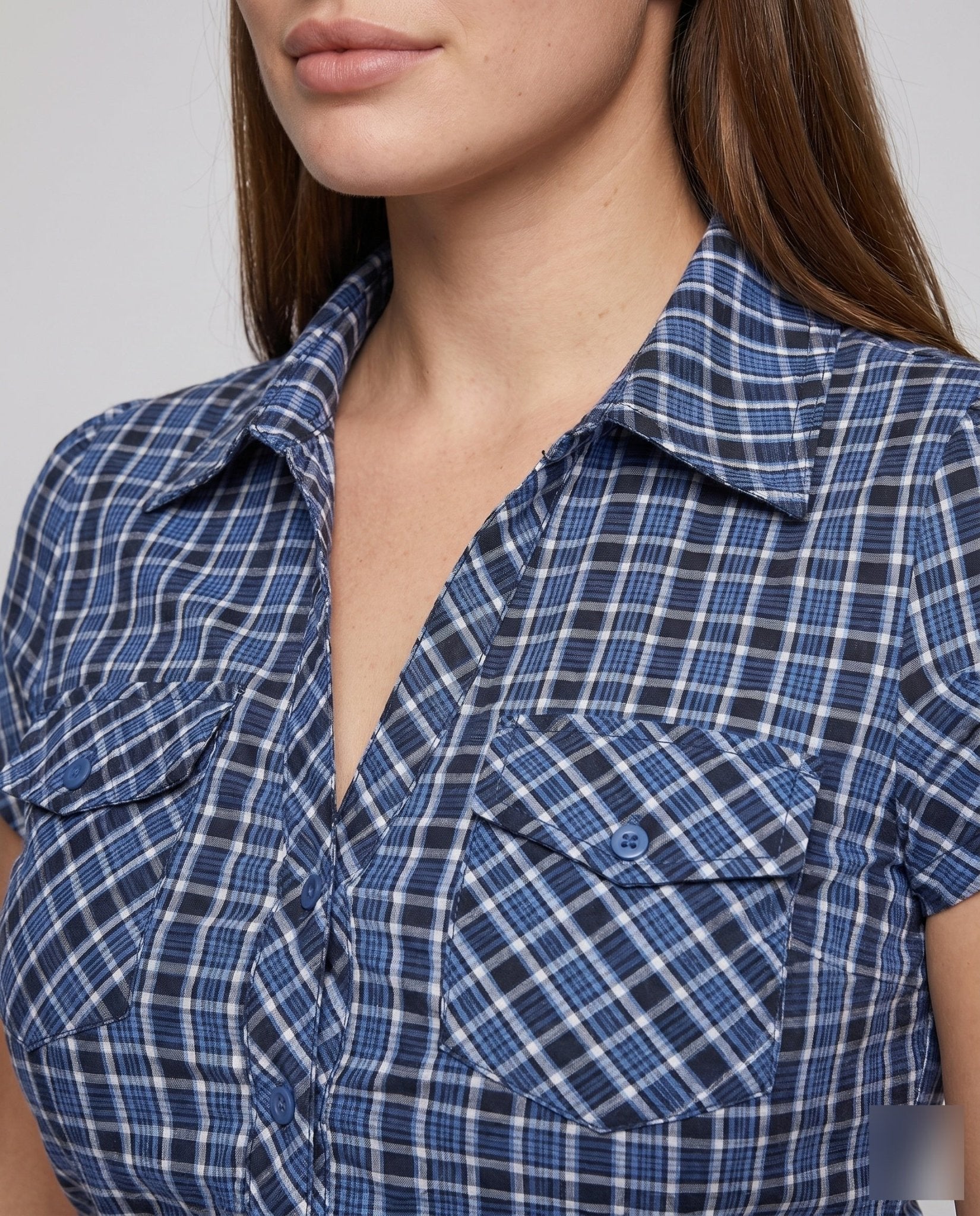 Women Checkered Blouse with Modern Cut and Playful Puff Sleeves - Chichicherry
