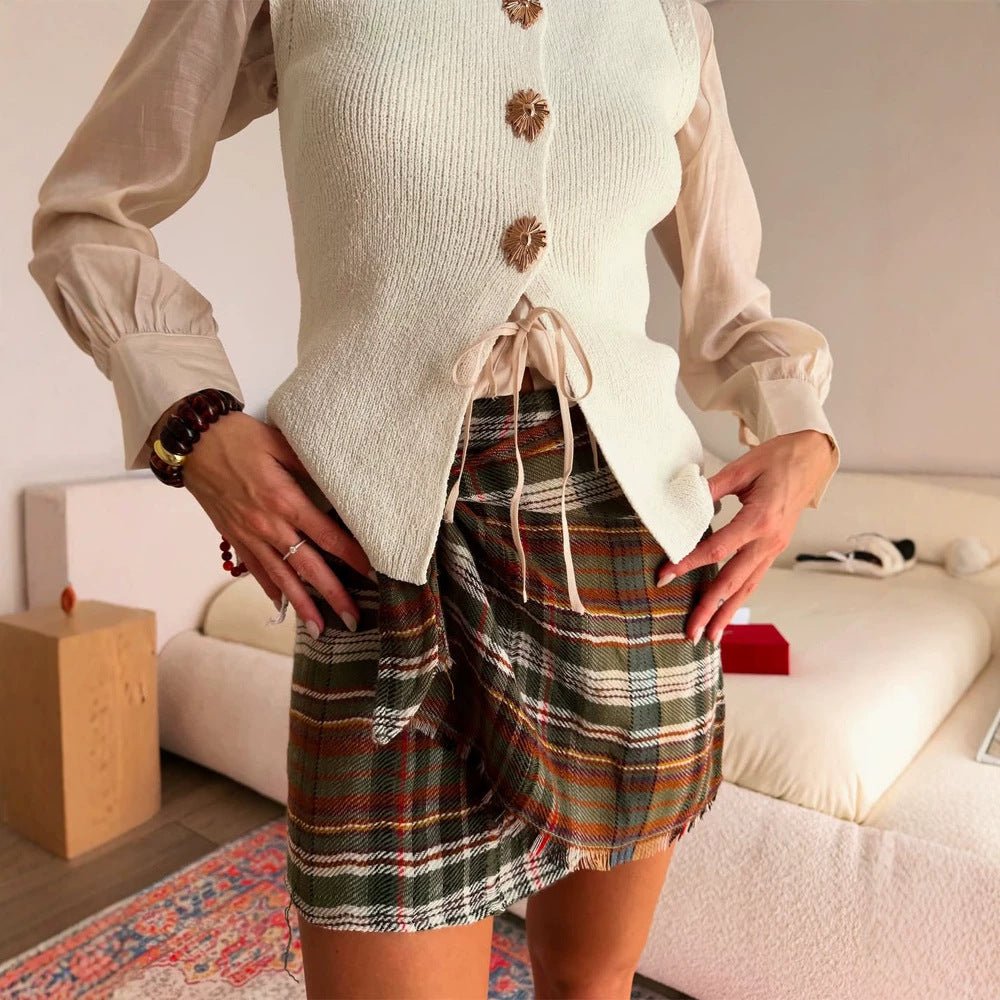 Women Checkered Wrap Mini Skirt with Fringes and High Waist Chichicherry - Chichicherry