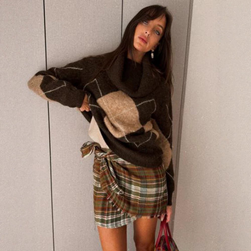 Women Checkered Wrap Mini Skirt with Fringes and High Waist Chichicherry - Chichicherry