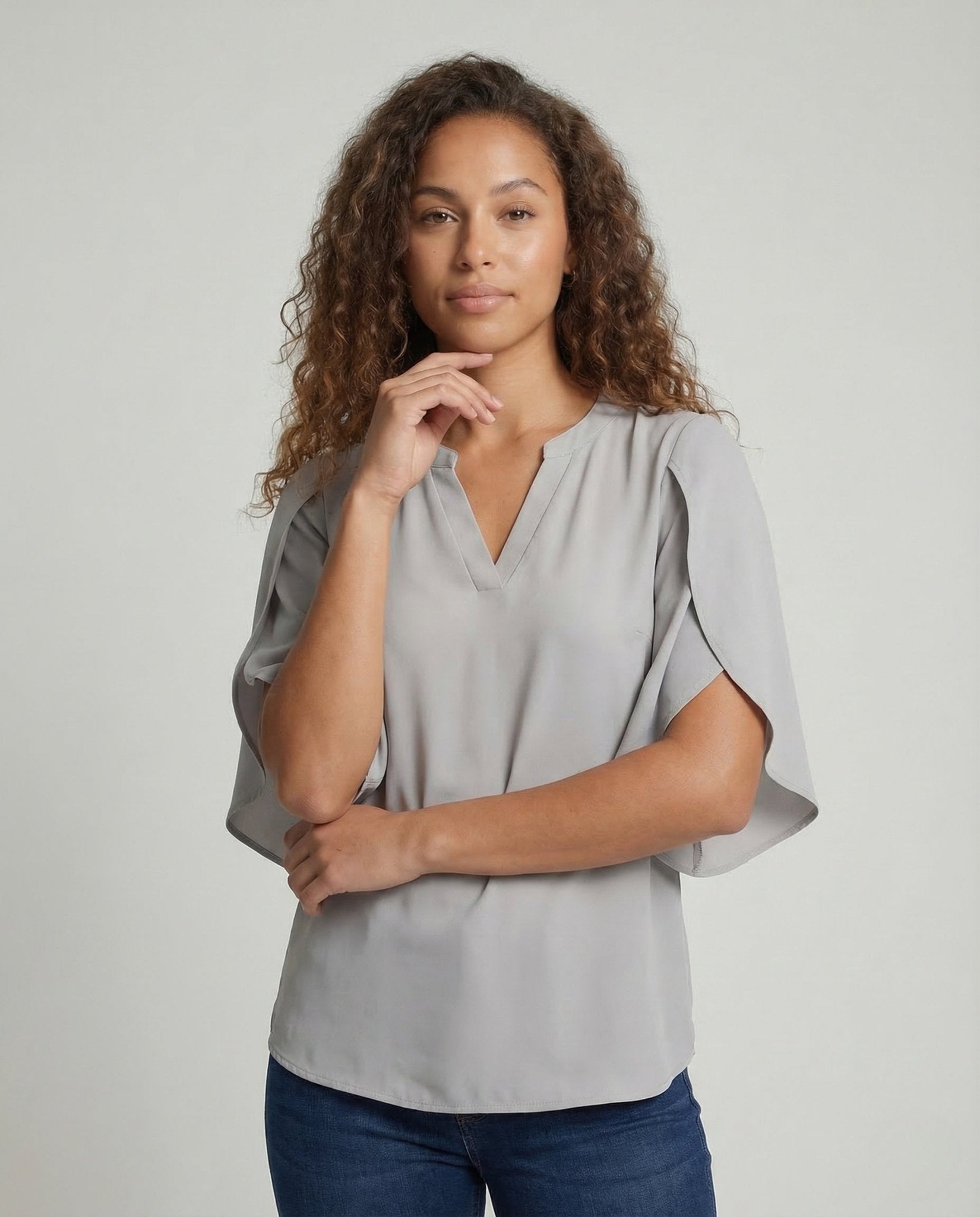 Women Chiffon Blouse Deep Neckline - Chichicherry