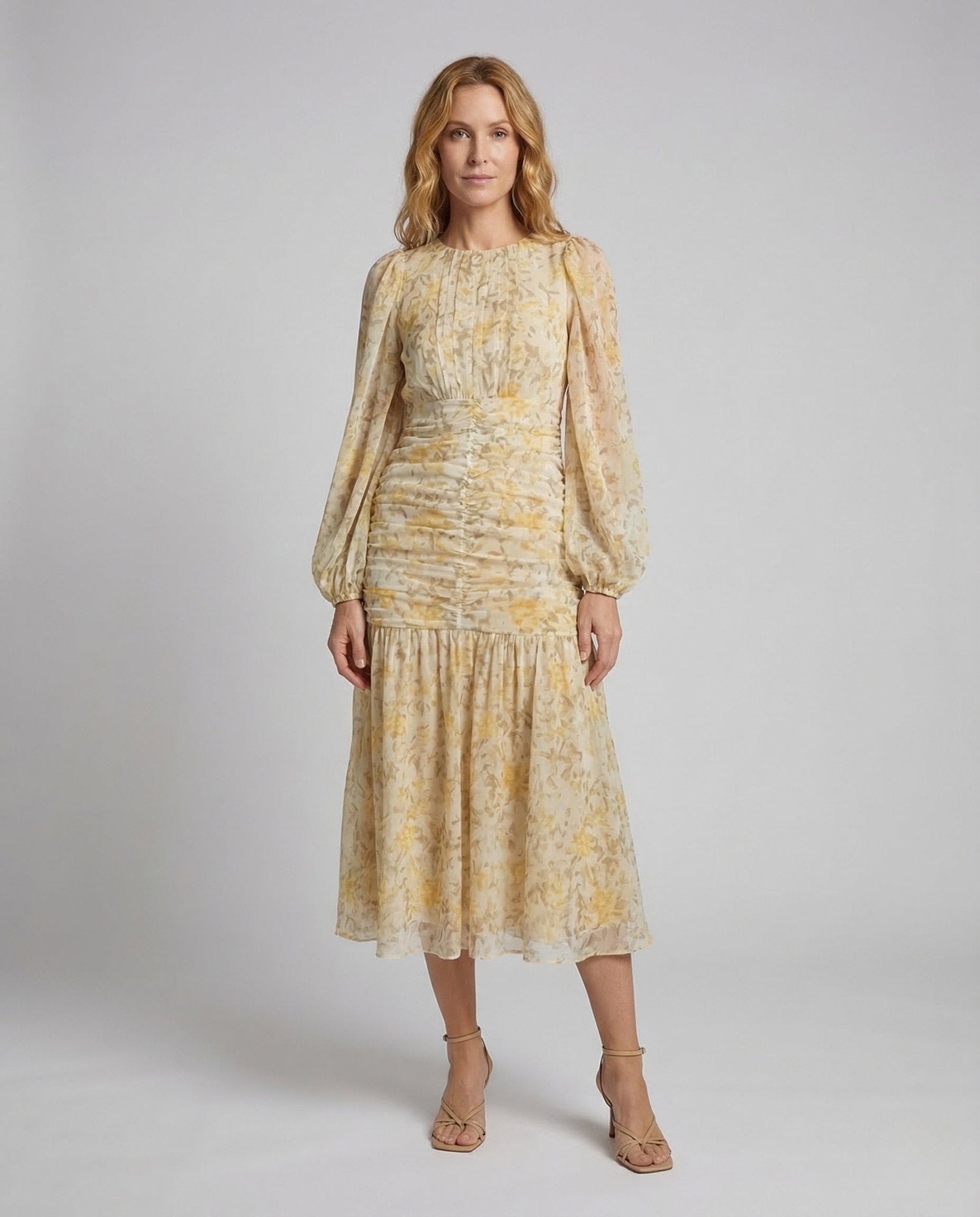Women Chiffon Midi Dress Gathering Ruffle - Chichicherry