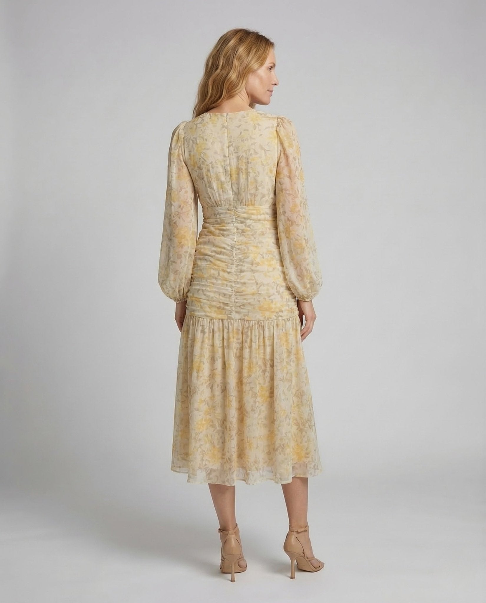 Women Chiffon Midi Dress Gathering Ruffle - Chichicherry