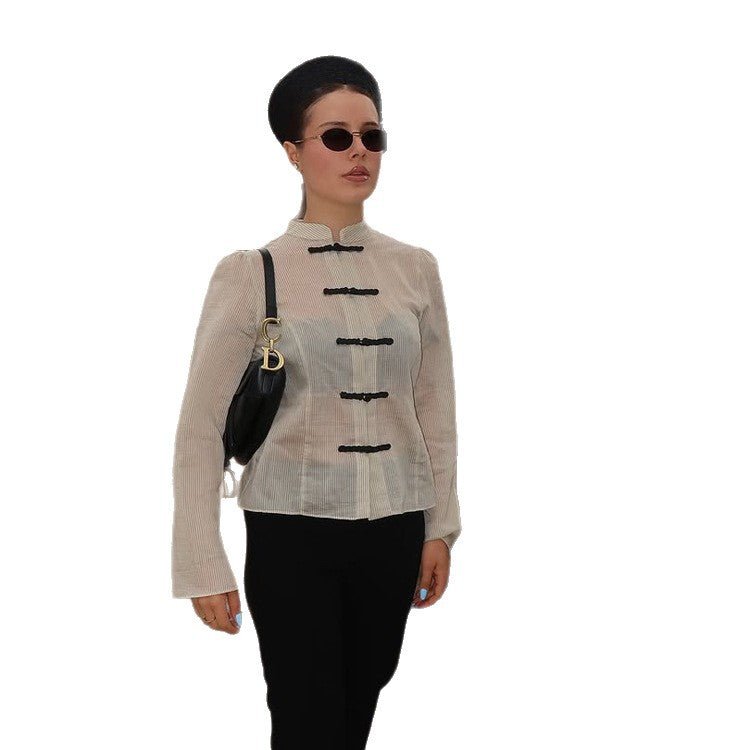 Women Chinese-inspired cord jacket with stand-up collar, frog closures & waist belt Chichicherry - Chichicherry