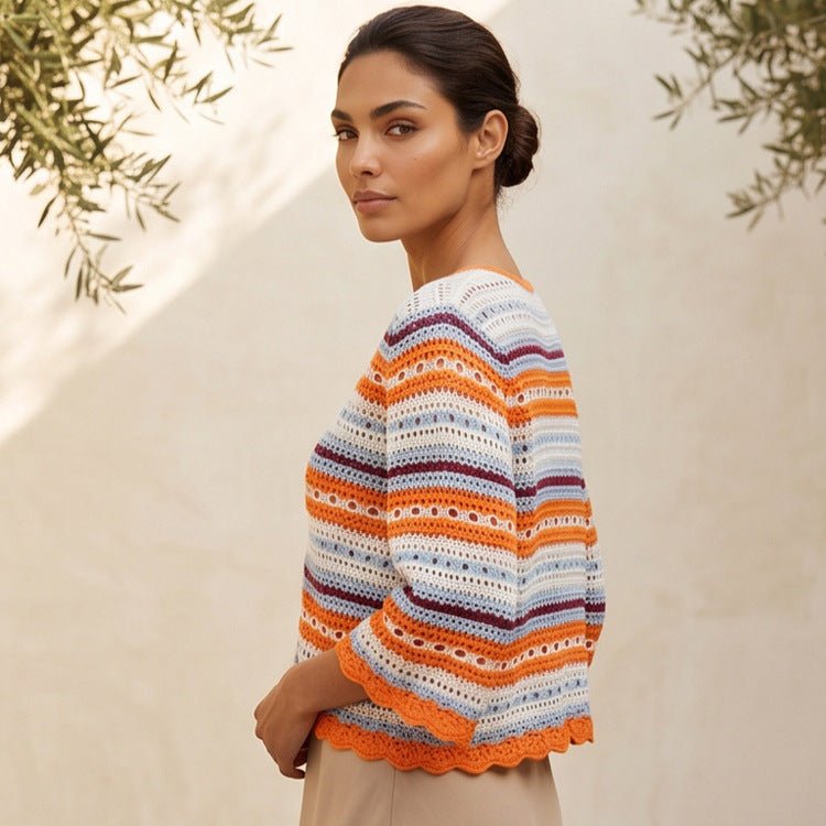 Women crocheted short jacket with shell hem, 3/4 sleeves & fine lace pattern Chichicherry - Chichicherry