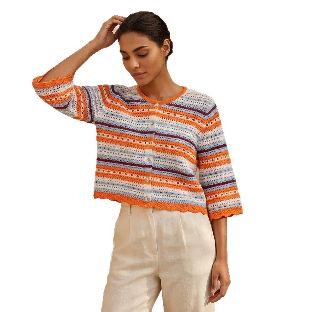 Women crocheted short jacket with shell hem, 3/4 sleeves & fine lace pattern Chichicherry - Chichicherry