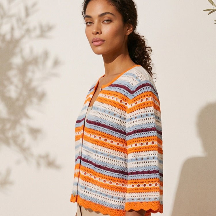 Women crocheted short jacket with shell hem, 3/4 sleeves & fine lace pattern Chichicherry - Chichicherry