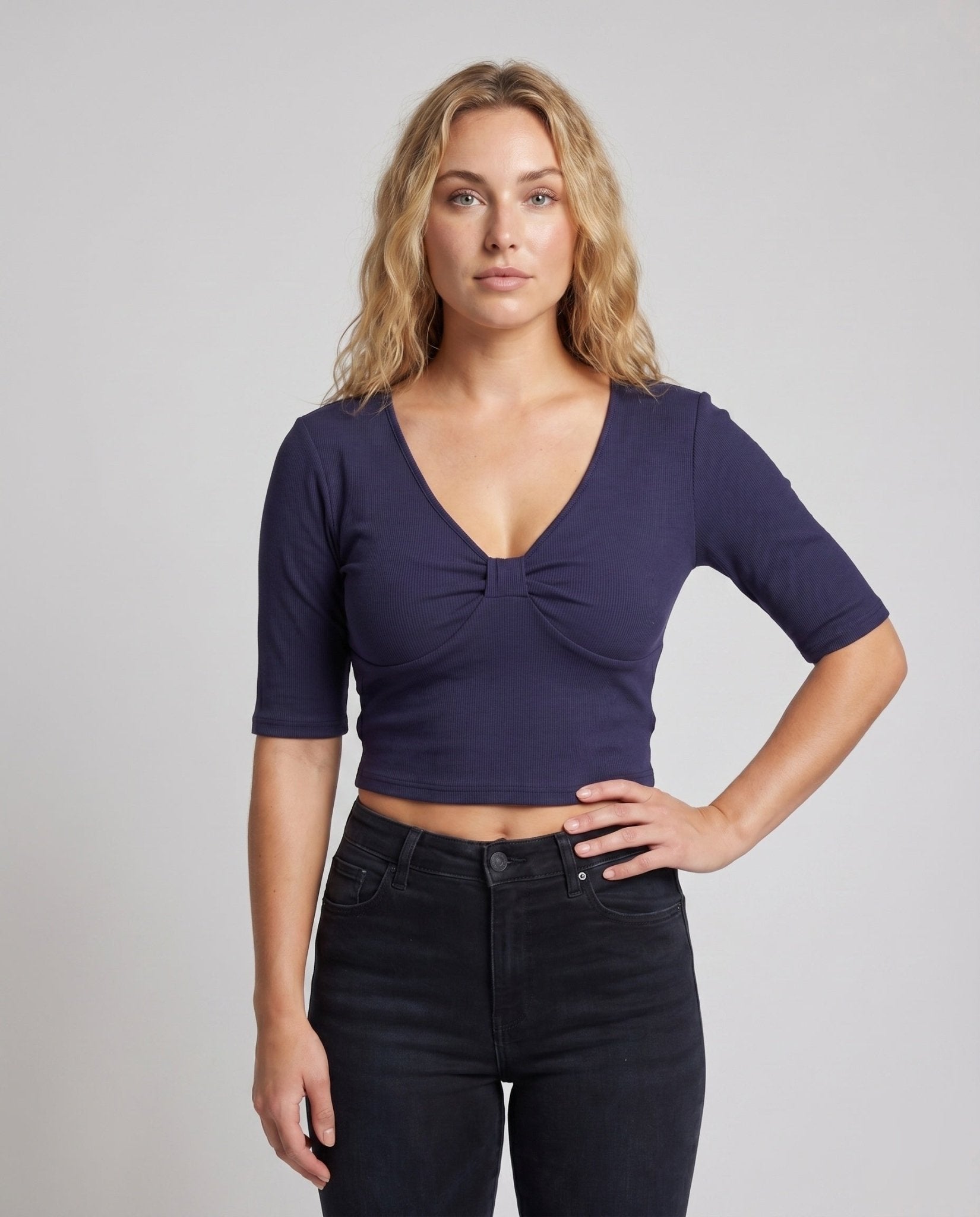 Women Crop Top with deep V-neckline and decorative knot - Chichicherry