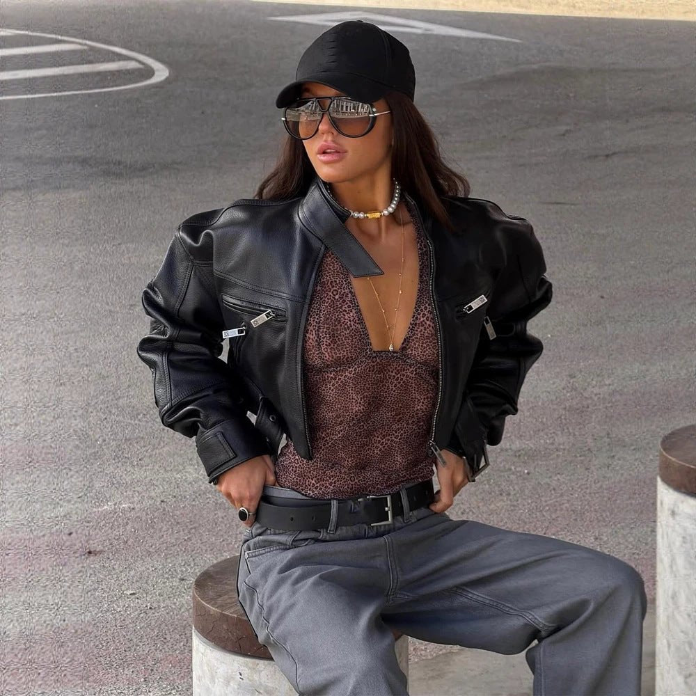 Women Cropped Boxy Biker Jacket made of vegan leather with high standing collar, zippered pockets & buckle detail Chichicherry - Chichicherry