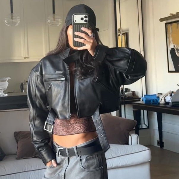 Women Cropped Boxy Biker Jacket made of vegan leather with high standing collar, zippered pockets & buckle detail Chichicherry - Chichicherry