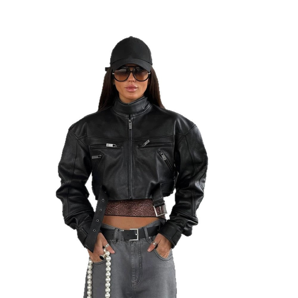 Women Cropped Boxy Biker Jacket made of vegan leather with high standing collar, zippered pockets & buckle detail Chichicherry - Chichicherry