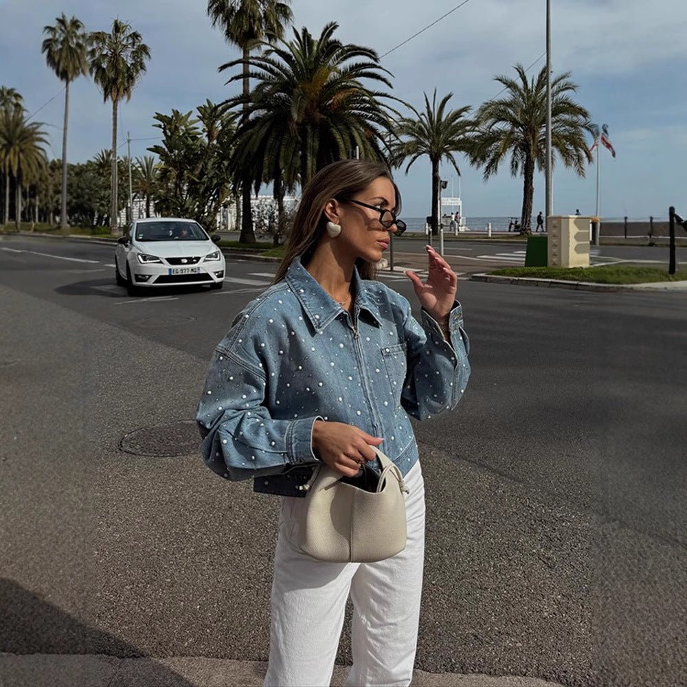 Women Cropped Denim Jacket with Pearl Detail and Oversized Sleeves Chichicherry - Chichicherry