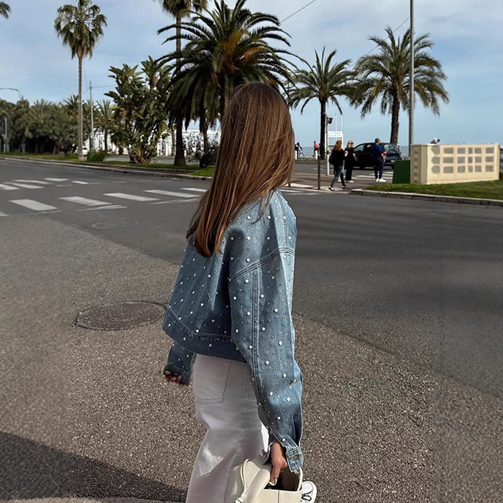 Women Cropped Denim Jacket with Pearl Detail and Oversized Sleeves Chichicherry - Chichicherry