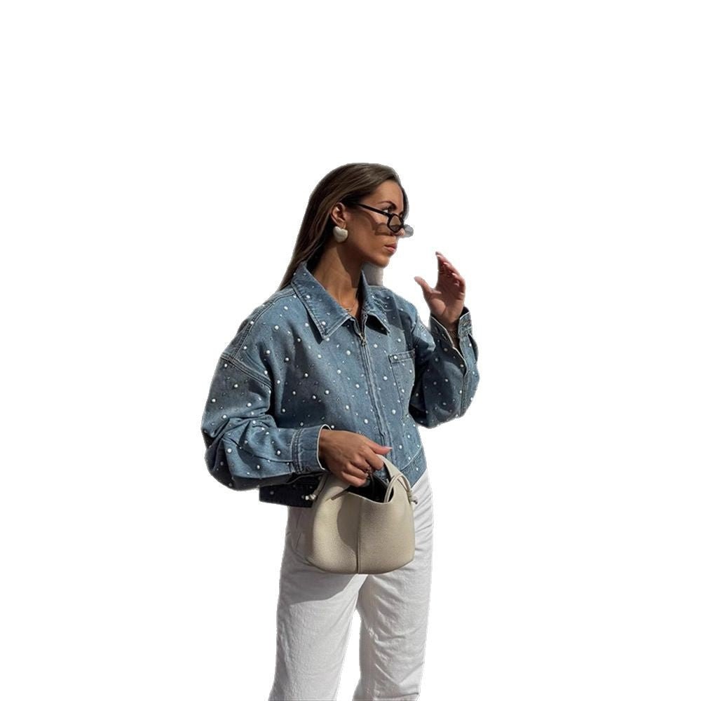 Women Cropped Denim Jacket with Pearl Detail and Oversized Sleeves Chichicherry - Chichicherry