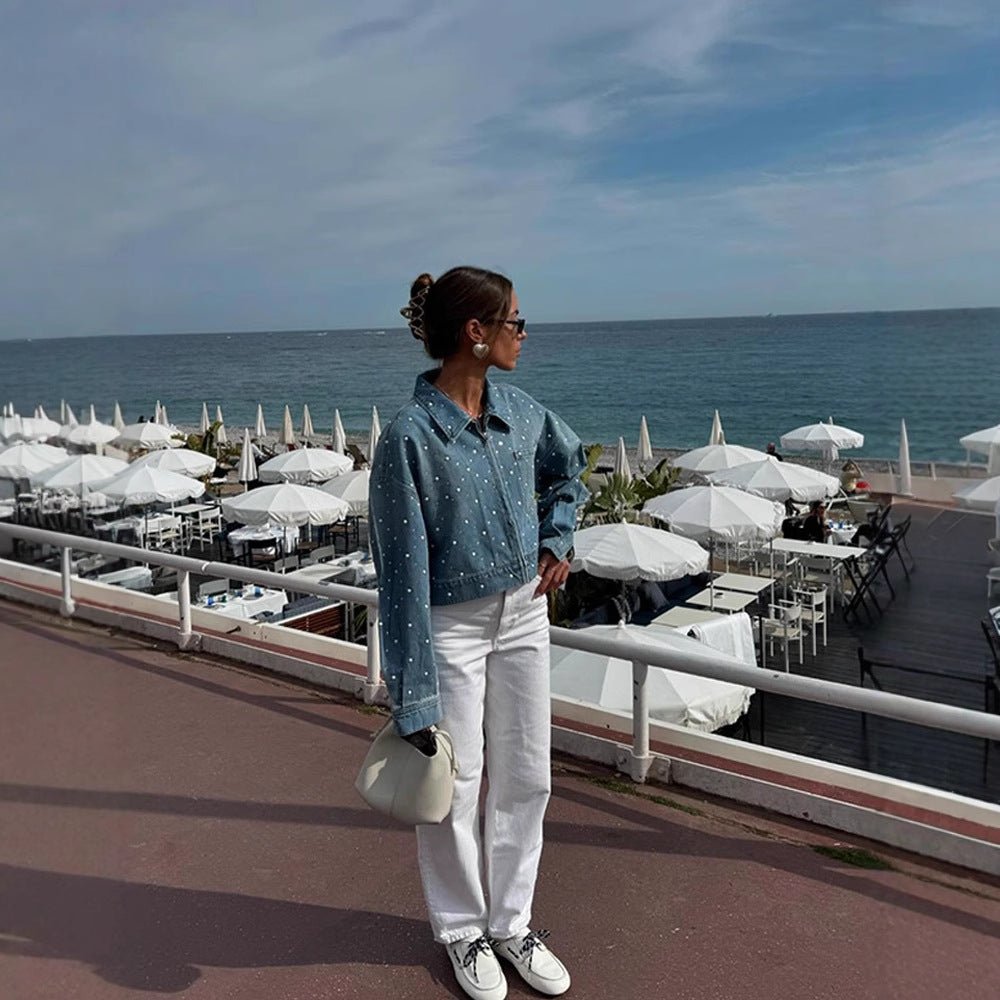 Women Cropped Denim Jacket with Pearl Detail and Oversized Sleeves Chichicherry - Chichicherry