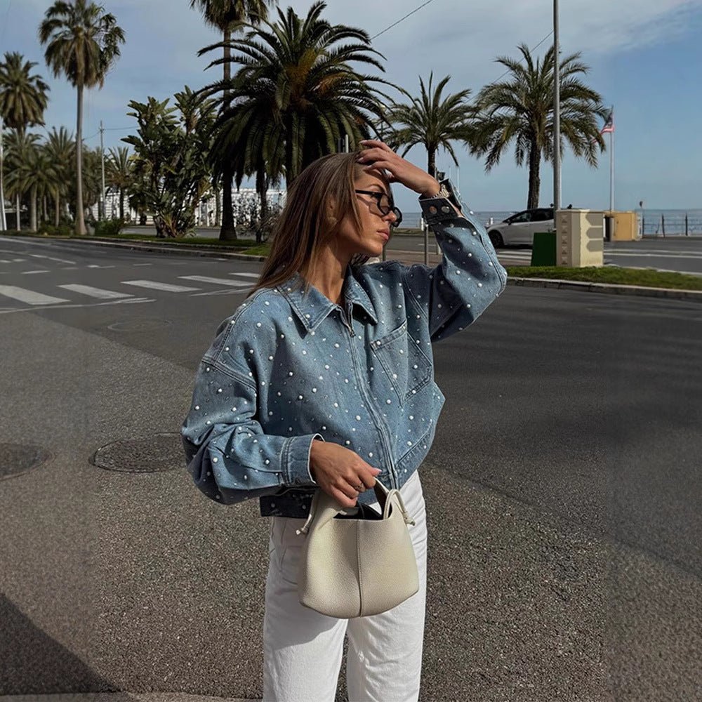 Women Cropped Denim Jacket with Pearl Detail and Oversized Sleeves Chichicherry - Chichicherry