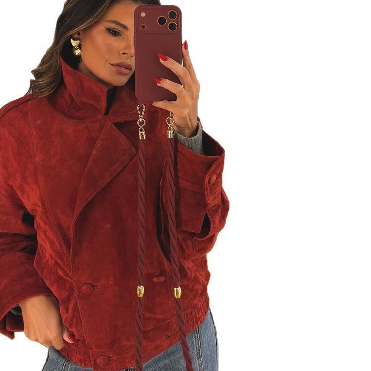 Women cropped suede leather jacket with high collar and double-breasted button placket Chichicherry - Chichicherry