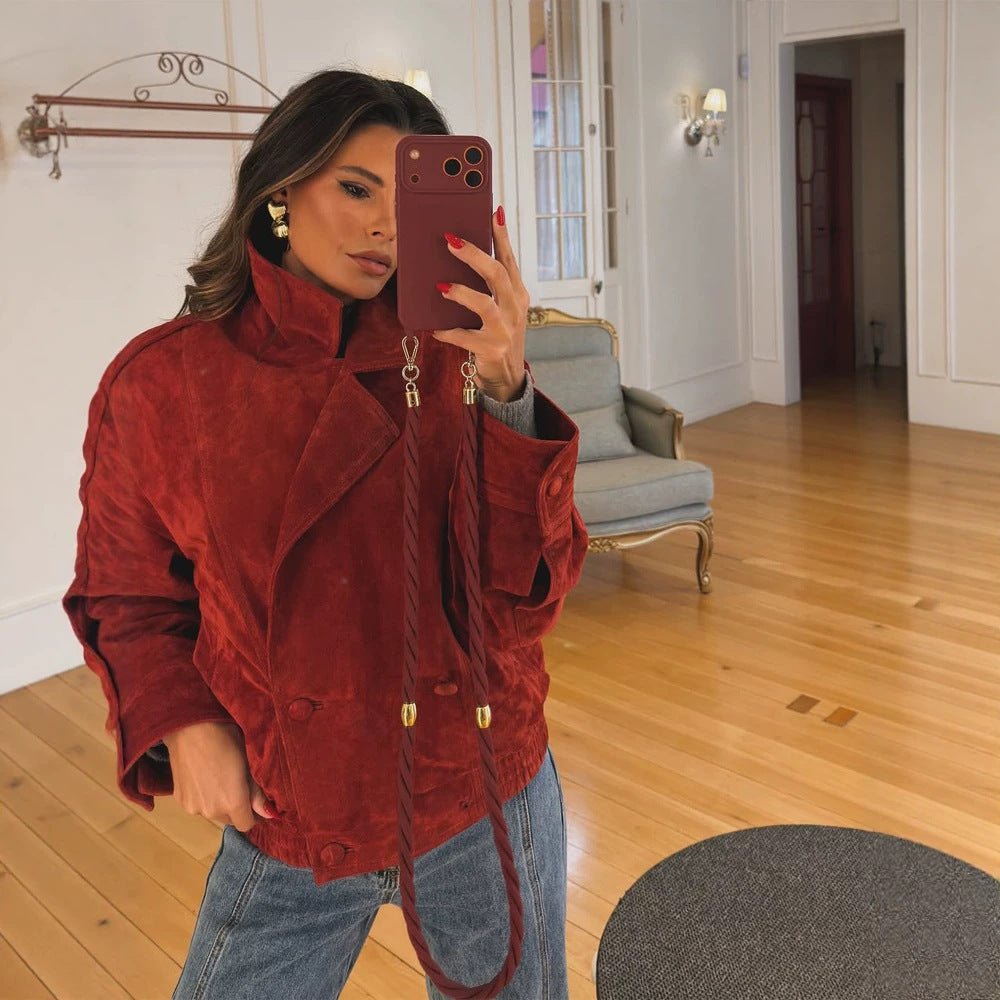 Women cropped suede leather jacket with high collar and double-breasted button placket Chichicherry - Chichicherry
