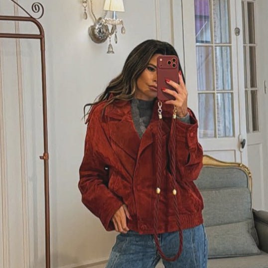 Women cropped suede leather jacket with high collar and double-breasted button placket Chichicherry - Chichicherry